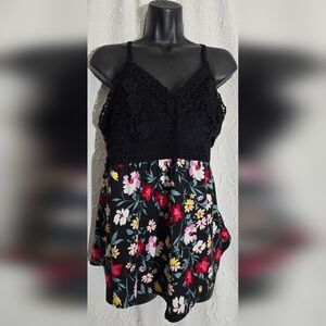 Retro Babydoll Black Crochet Lace Top Dark Floral Tank Jrs Large No Boundaries